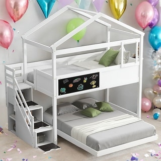 Twin Over Full Bunk Bed With Storage Staircase And Blackboard for Bedroom