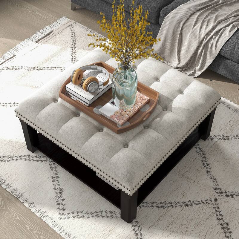 Transitional Linen Tufted Nailheads Cocktail Ottoman with Storage by Furniture of America
