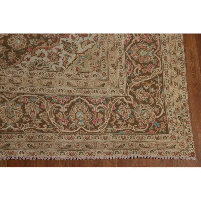 Traditional Mashad Persian Vintage Rug Handmade Orange Wool Carpet - 9'6" x 12'9"
