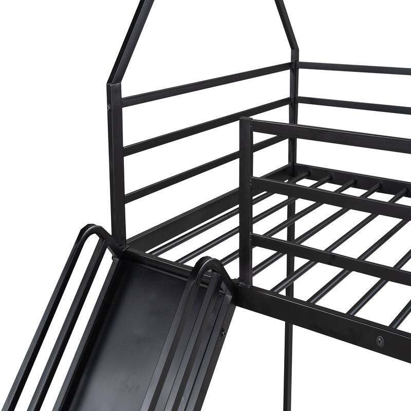 Twin Over Twin House Bunk Bed with Ladder and Slide, Black