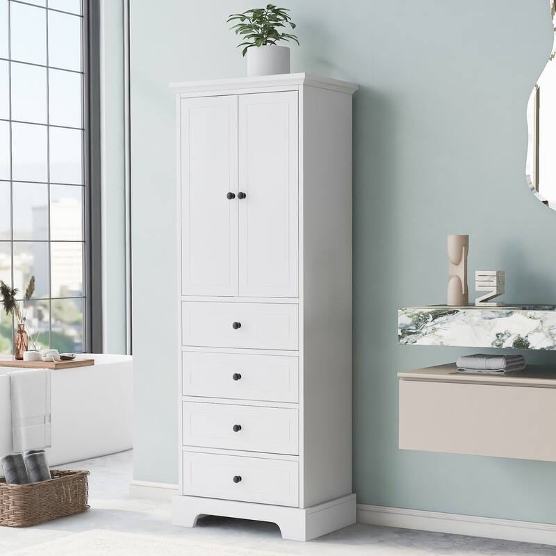Storage Cabinet with 2 Doors and 4 Drawers for Bathroom, Office, Adjustable Shelf, MDF Board with Painted Finish - White