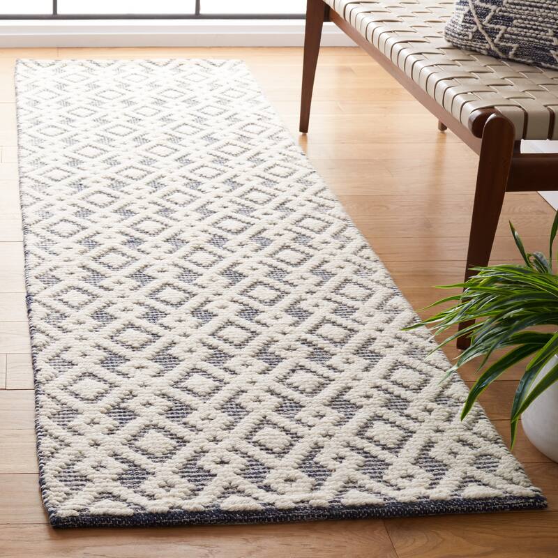 SAFAVIEH Vermont Handmade Meda Geometric Wool Area Rug - 2'3" x 8' Runner - Ivory/Navy