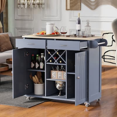 Kitchen Island Cart with 2 Storage Cabinets, Wine Rack, and 2 Drawers