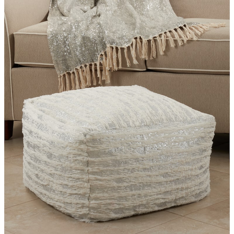 Faux Fur Pouf With Foil Print Design - Silver