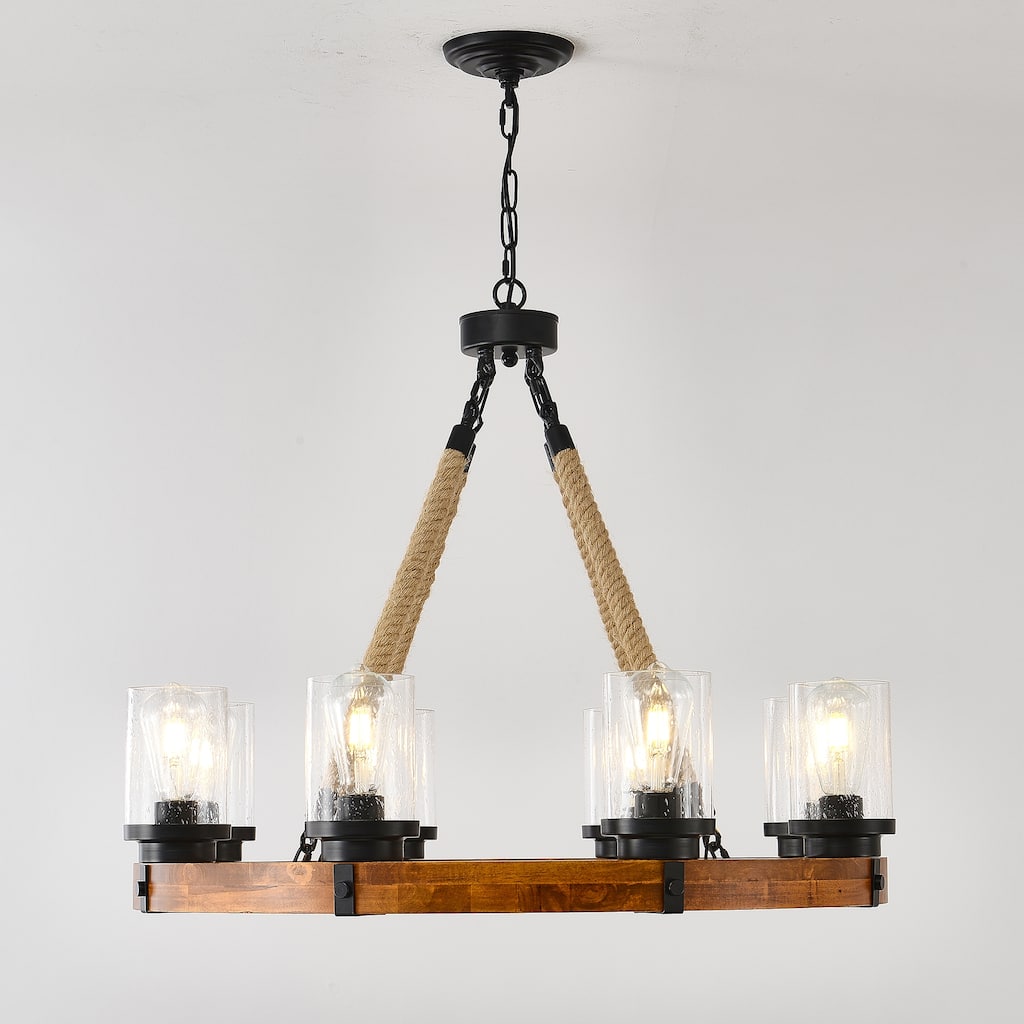 8 Light Rustic Wagon Wheel Chandelier,Wooden Pendant with Seeded Glass Shade,NO INCLUDED BULBS