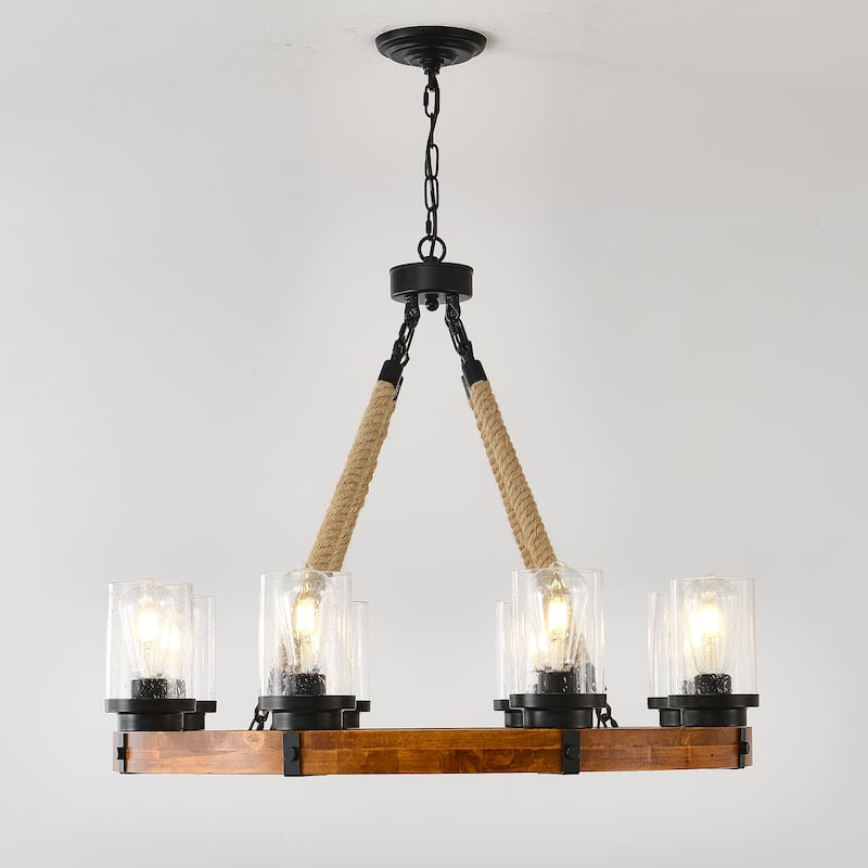 8 Light Rustic Wagon Wheel Chandelier,Wooden Pendant with Seeded Glass Shade,NO INCLUDED BULBS - Brown