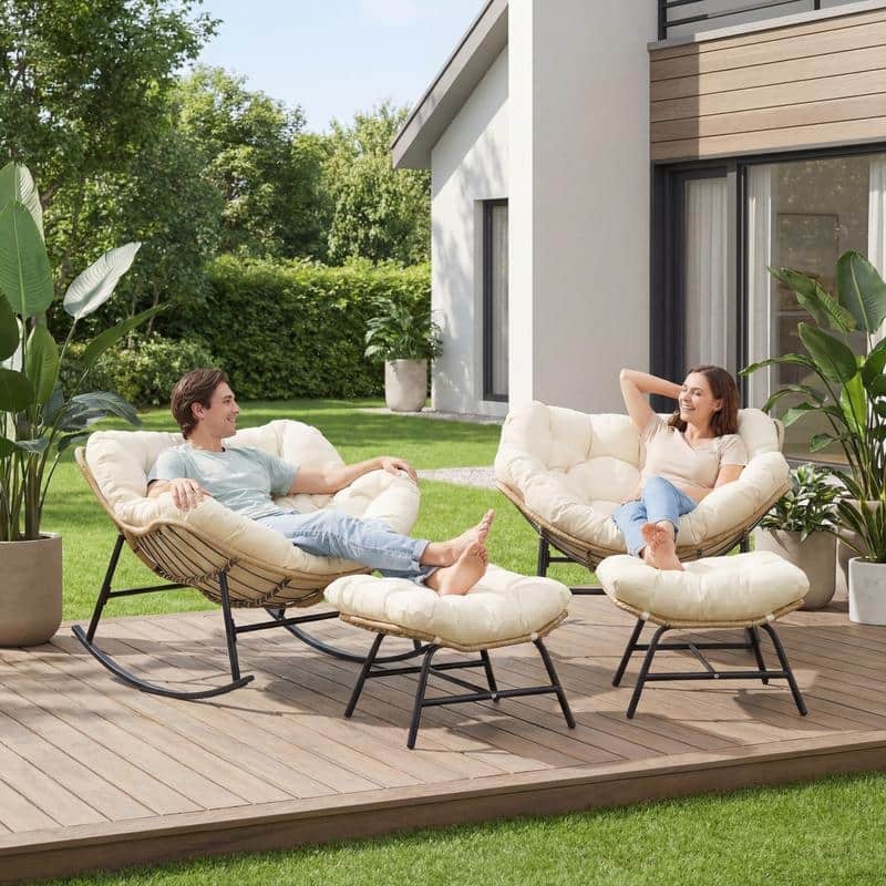 Outdoor Rocking Papasan Chair, Wide Egg Rocking Chair with Thick Padded Cushion, 450 lb Capacity Patio Relaxing Rocker