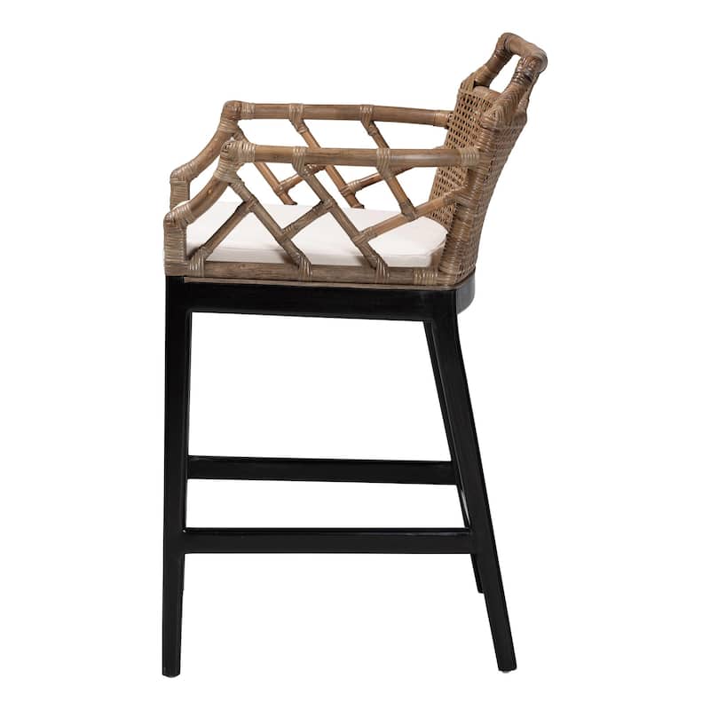 Abiel Natural Rattan Counter Stool with Arms and Removable Cushion - Handwoven Wicker Stool with Mahogany Wood Frame