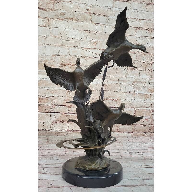 Flying Ducks In The Reeds Bronze Sculpture Statue Wildlife Decor On Marble Base
