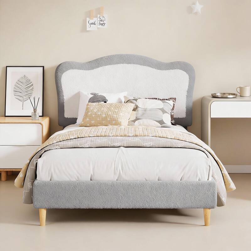 Upholstered Bed Frame, with Headboard & Footboard - Grey+white - Twin