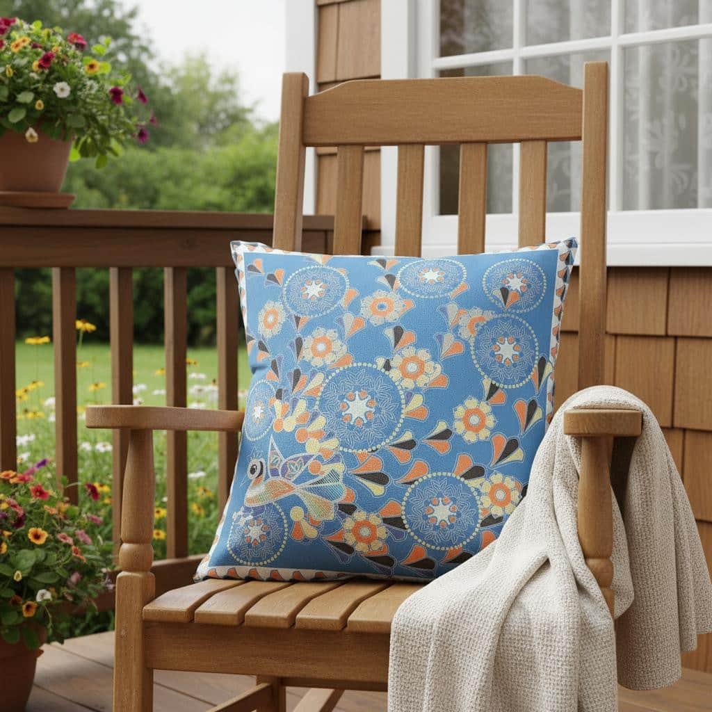 HomeRoots 20" x 20" Blue and Orange Peacock Blown Seam Floral Indoor Outdoor Throw Pillow - 20.00' X '5.00' X '20.00