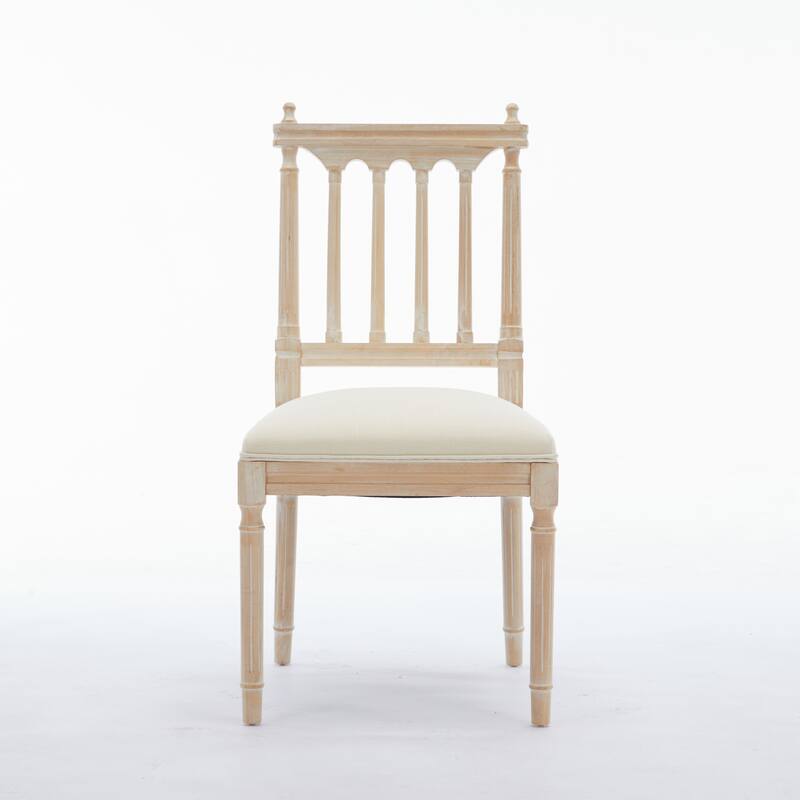 Antique Wooden Dining Chairs Set of 2, with Linen Fabric Seat and Slatted Back