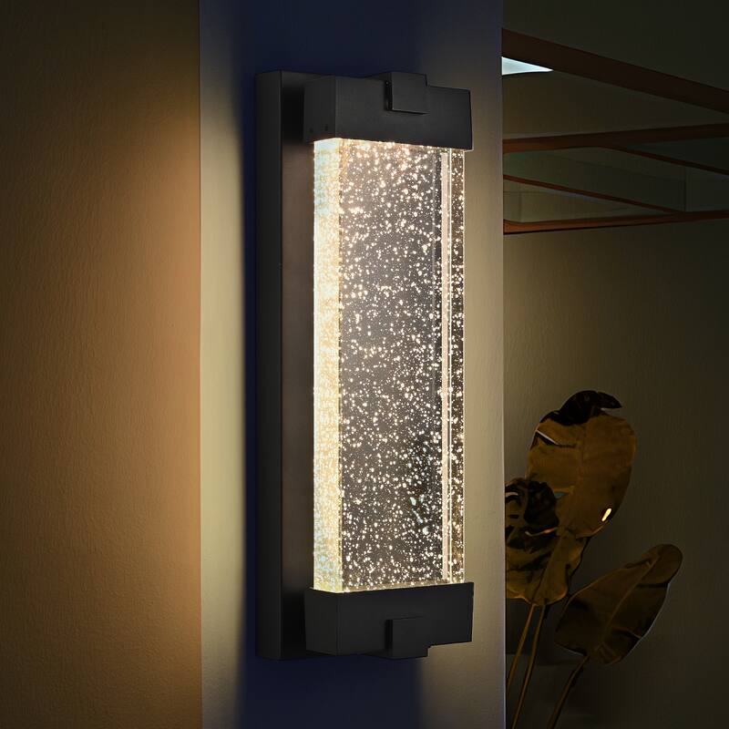 Outdoor Wall Light with Bubble Crystal Glass, LED Light Source, Weatherproof Exterior Sconce for Patio, Porch, Garage - Black
