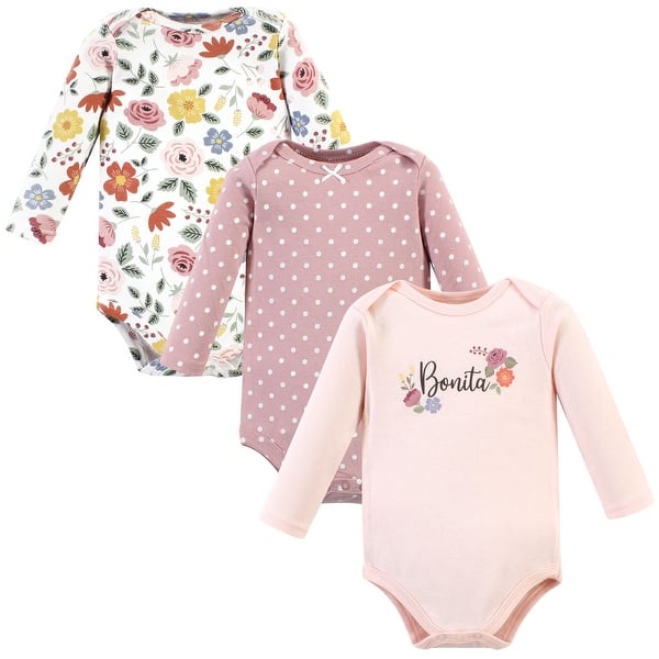 slide 1 of 1, Hudson Baby Infant Girl Cotton Long-Sleeve Bodysuits, Bonita 3 Pack 0-3 Months - Bonita 3 Pack