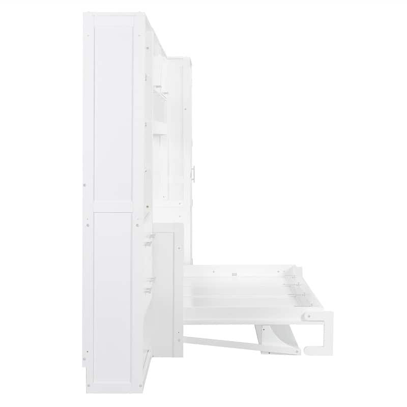 Full/Queen Size Murphy Bed Wall Bed with Closet, 2 Drawers and Storage Shelves, Folding Murphy Cabinet Bed with Top Cabinet