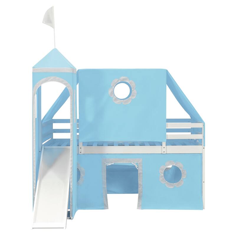 Roomfitters Full Size Loft Bed with Slide, Pink Tent and Tower Playhouse Design