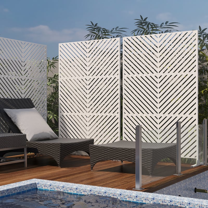 Outdoor Privacy Screen with Stand for Patio Garden Metal Fence - White - 006-Oblique Line
