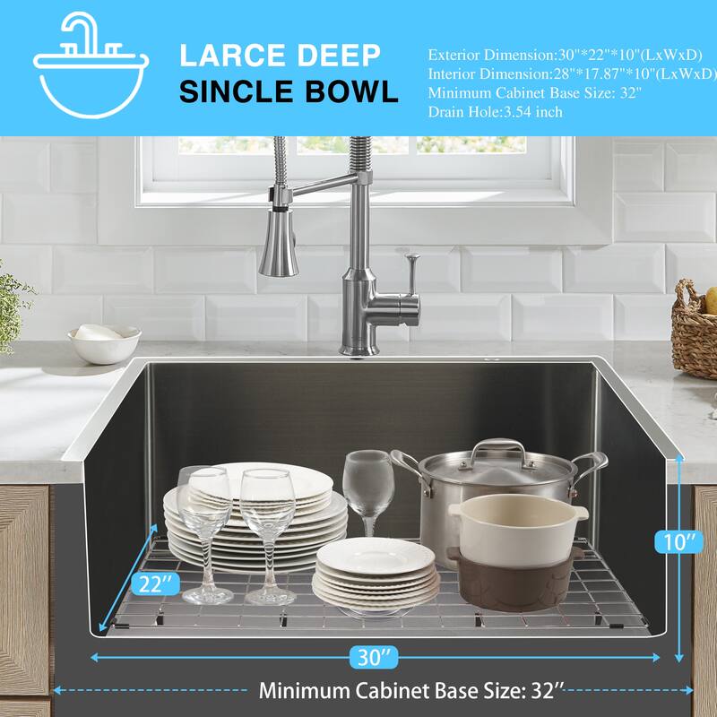 30 in. Drop-In/Undermount Single Bowl 16 Gauge Brushed 304 Stainless Steel Kitchen Sink with Accessories