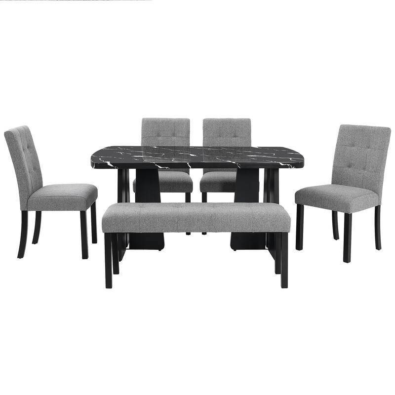 6 Piece Modern Dining Table Set, 63" Faux Marble Dining Table with Geometric Legs & 4 Upholstered Chairs & 1 Bench