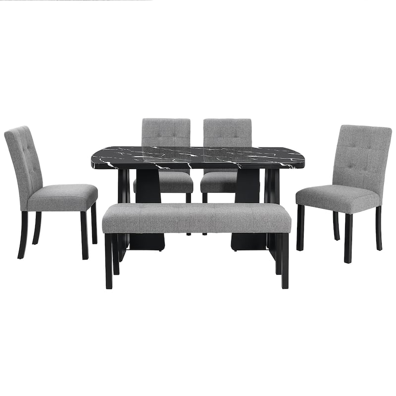 6 Piece Standard Height Dining Table Set with 63" Faux Marble Table and 4 Upholstered Chair, Bench for Kitchen