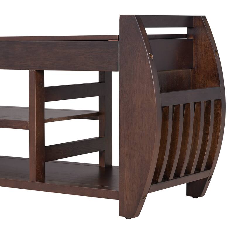 Shoe Bench 2-Tier Storage Bench with Cushion & Curved Side Holder, Wooden Panel Shoe Rack Organizer for Entryway, Living Room