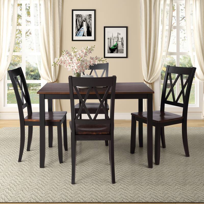 Roomfitters 5-Piece Dining Table Set, Rectangular Wood Kitchen Table and 4 X-back Chairs, Transitional Style