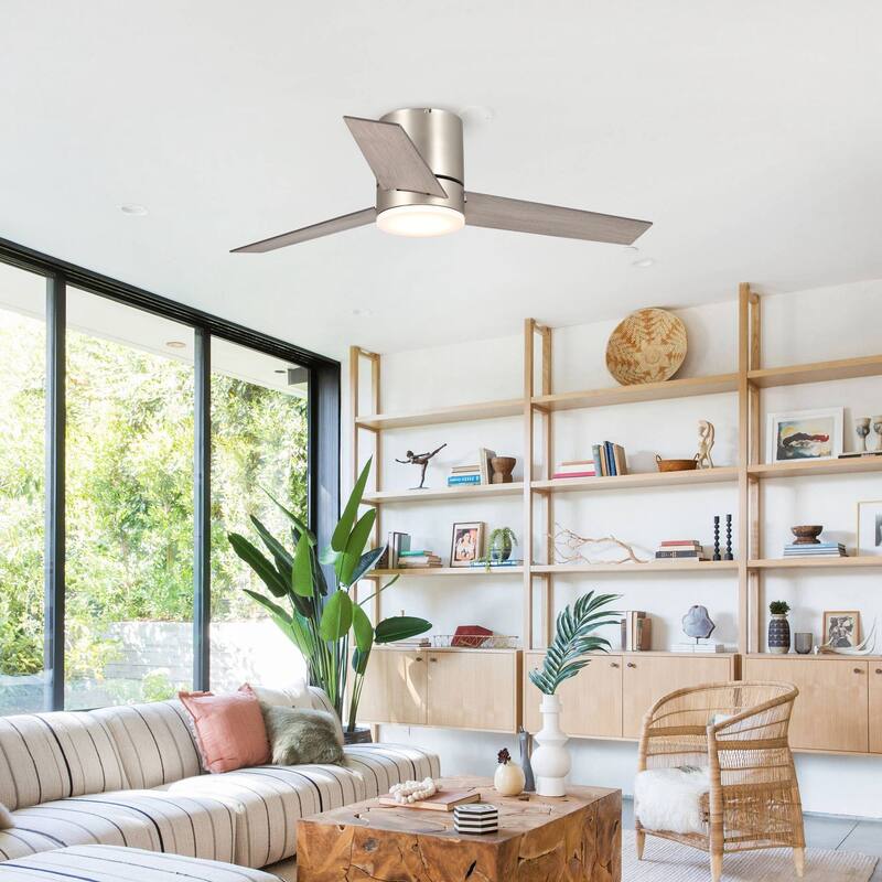 48 inch Modern 3-Blade Wooden Flush Mount Ceiling Fans with Light and Remote