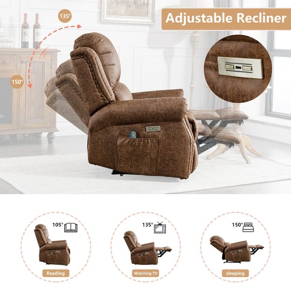 dimension image slide 0 of 3, Power Recliner Chair with Massage and Heat, Faux Leather Electric Recliner with USB Port for Living Room