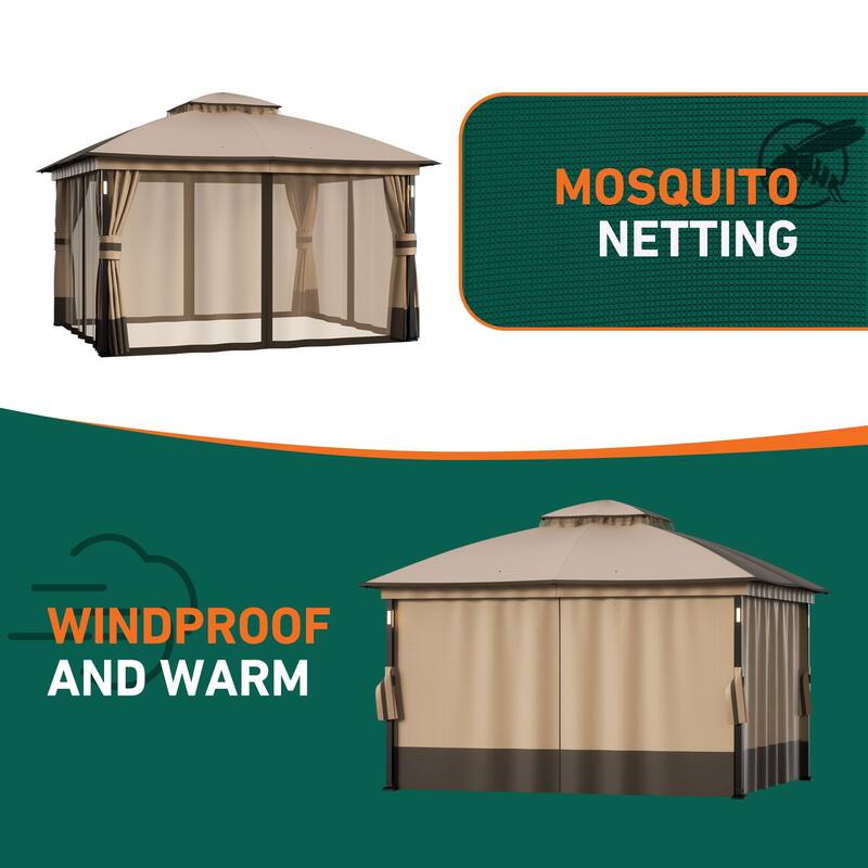 Patio Gazebo 11'x13' with LED Lights & Bluetooth Speaker, Soft-top Gazebo with Netting and Curtains for Backyard