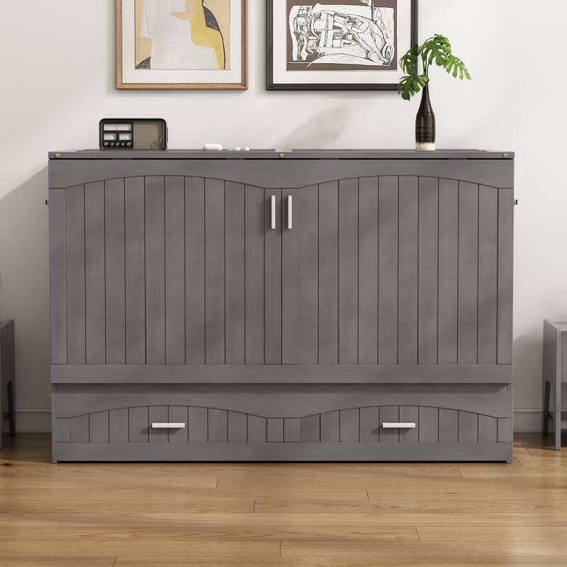 Queen Size Murphy Bed with Built-In Charging Station and Large Storage Drawer, Space-Saving Design, Pine Wood Frame