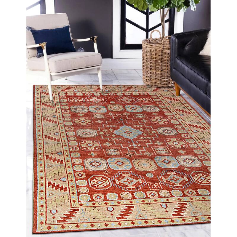 Hand-Knotted Wool Rust Traditional Geometric Modern Knotted Rug - Timeless Craftsmanship and Modern Elegance
