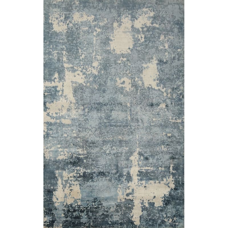 Hand Knotted Oriental Viscose Silk Carpet Modern All-Over Navy Blue & Blues Abstract Area Rug - 7' 11'' X 4' 11''