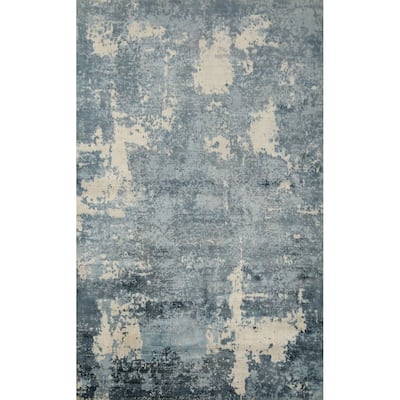 Hand Knotted Oriental Viscose Silk Carpet Modern All-Over Navy Blue & Blues Abstract Area Rug - 7' 11'' X 4' 11''