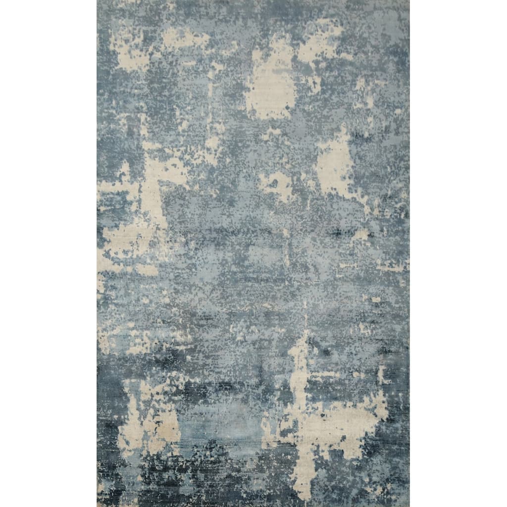 Hand Knotted Oriental Viscose Silk Carpet Modern All-Over Navy Blue & Blues Abstract Area Rug - 7' 11'' X 4' 11''