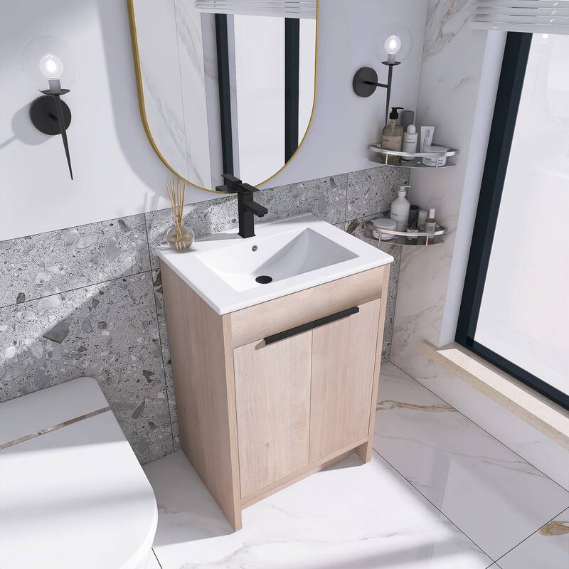 Freestanding Plywood Bathroom Vanity Set in Plain Light Oak with Integrated Sink