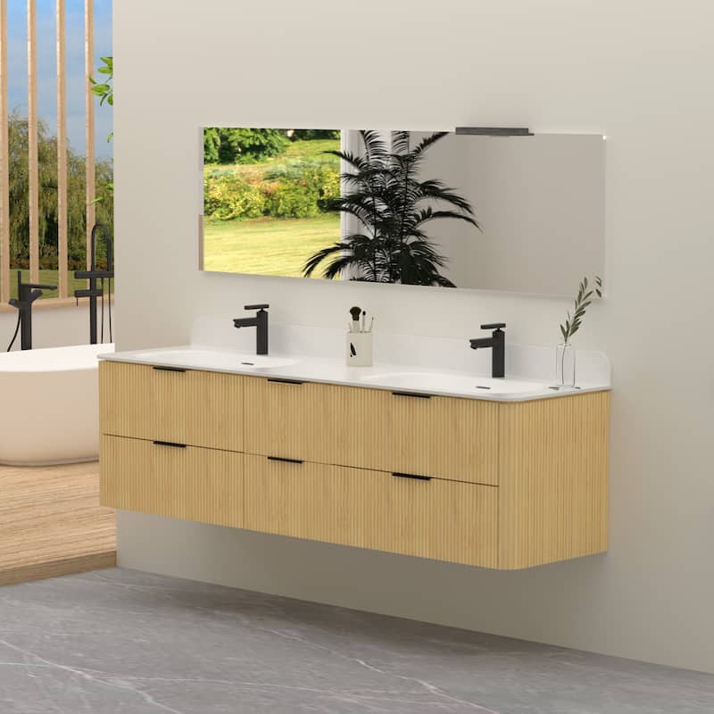 72" Floating Bathroom Vanity with Integrated countertop Rectangular Sink Solid Wood