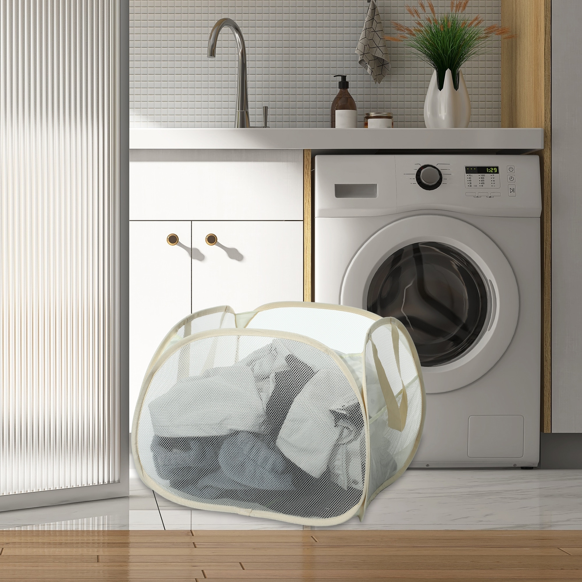 Folding Laundry Basket Portable Hamper Basket for Bathroom 19.69"x19.69"x14.96" 90L 1 Pcs