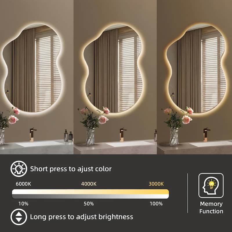 Irregular LED Anti-fog Tempered Glass Wall Bathroom Vanity Mirror, ETL Certified, 3-Year Warranty