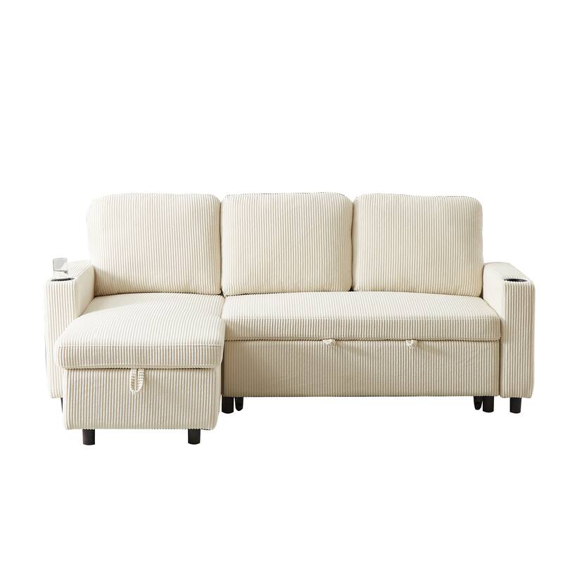 L-Shaped Corduroy Sofa Bed with Pull-Out Sleeper, Reversible Design