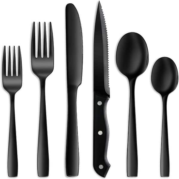24-Piece Black Silverware Set with Steak Knives, Unique Flower Design Flatware  Cutlery Set, Fork Spoon Knife, Mirror Polished - AliExpress