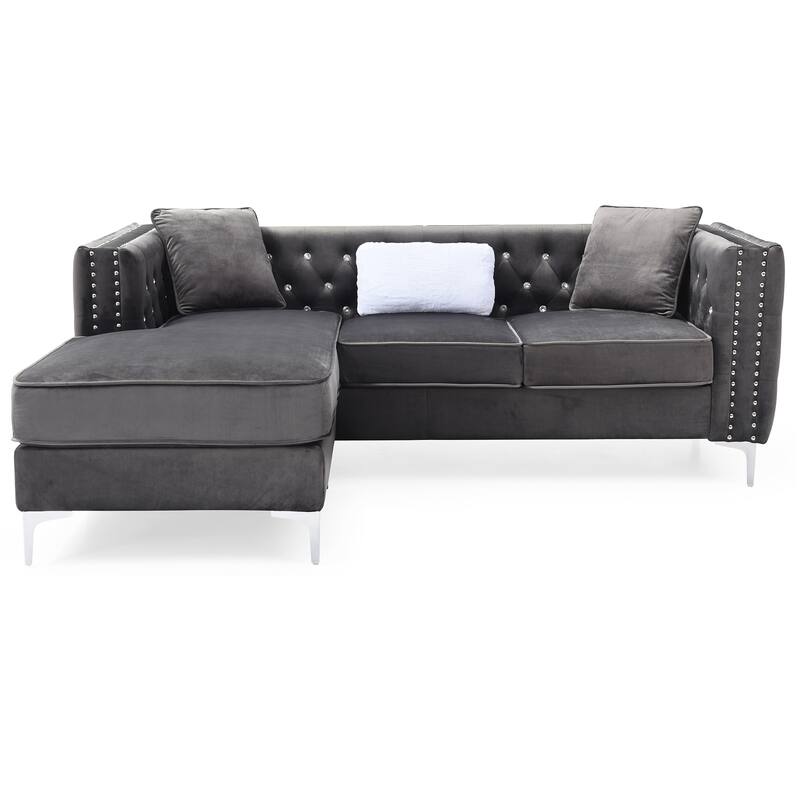 Tufted Velvet L-Shape 3-Seater Sofa with Throw Pillows - 87" - Gray