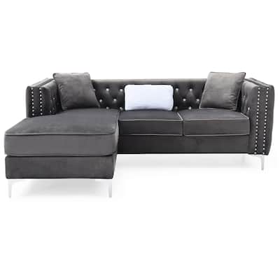 Tufted Velvet L-Shape 3-Seater Sofa with Throw Pillows - 87" - Gray