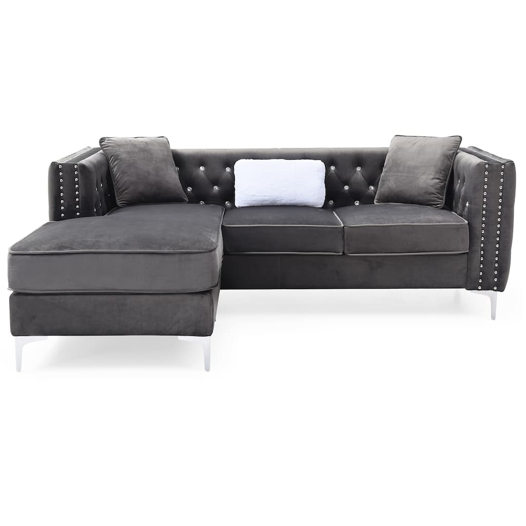 Tufted Velvet L-Shape 3-Seater Sofa with Throw Pillows - 87" - Gray