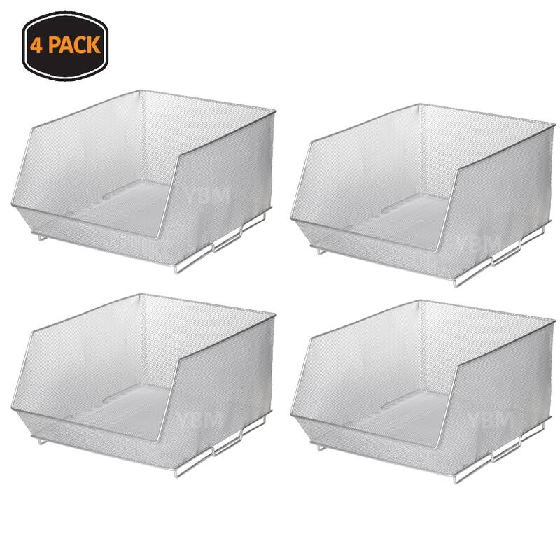 Mesh Stacking Bin Silver Storage Containers Pantry Organizers Great - 15x11x8-4 pack
