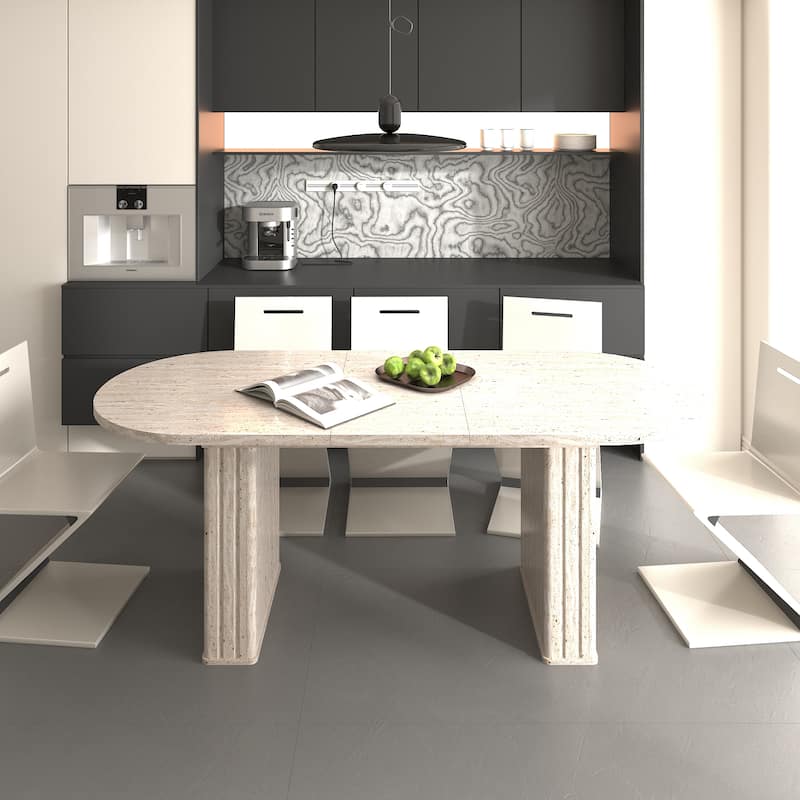 Kitchen extendable dining table for 4-8 people, oval kitchen table with wooden strip base for family living room - Beige