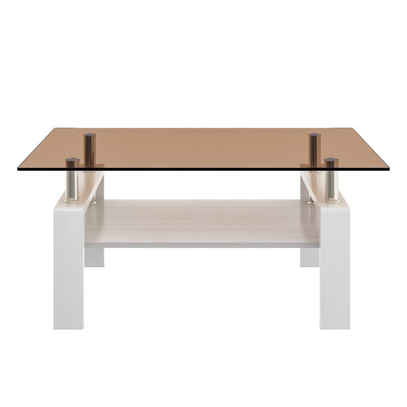Rectangle Coffee Table, Tempered Glass Tabletop with MDF Layer, Modern Table for Living Room , Brown Glass