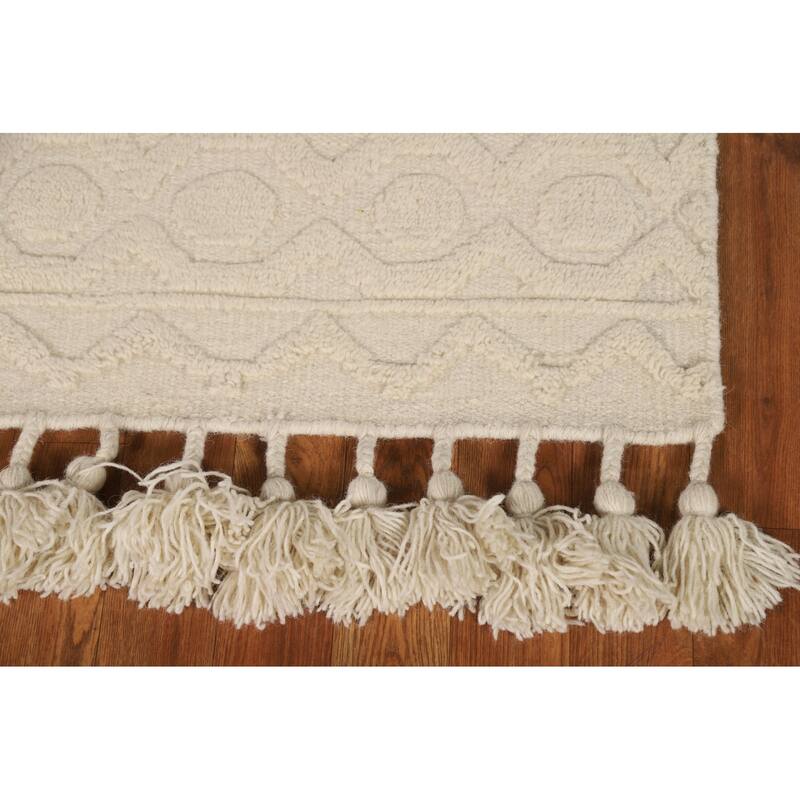 Geometric Moroccan Oriental Foyer Rug Hand-Knotted Ivory Wool Carpet - 2'0"x 3'0"