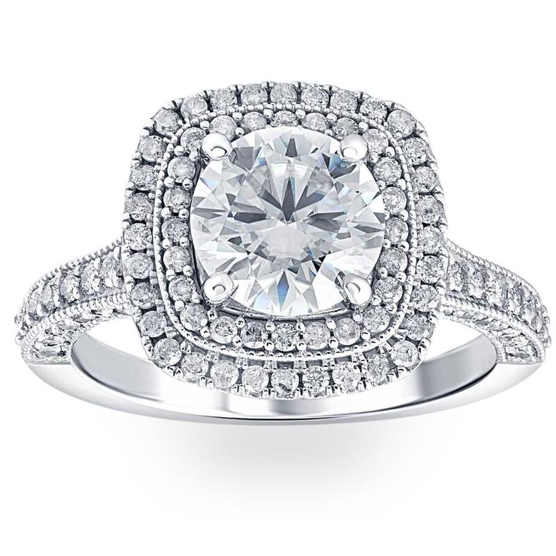 VS 3Ct Diamond & Moissanite Cushion Halo Engagement Ring in White, Yellow or Rose Gold
