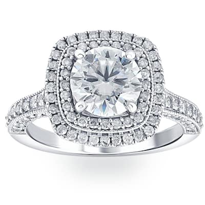 VS 3Ct Diamond & Moissanite Cushion Halo Engagement Ring in White, Yellow or Rose Gold