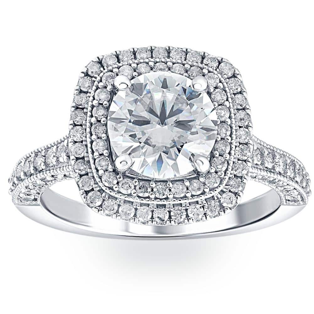 VS 3Ct Diamond & Moissanite Cushion Halo Engagement Ring in White, Yellow or Rose Gold